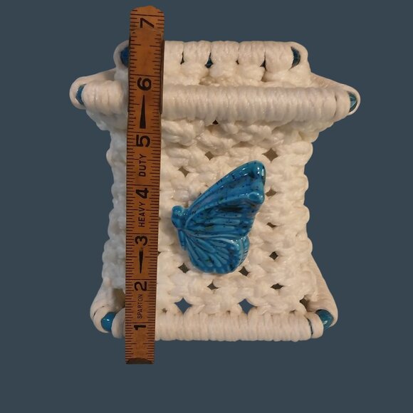 Macrame Tissue Box Cover White With Blue Ceramic Butterfly - Picture 7 of 8